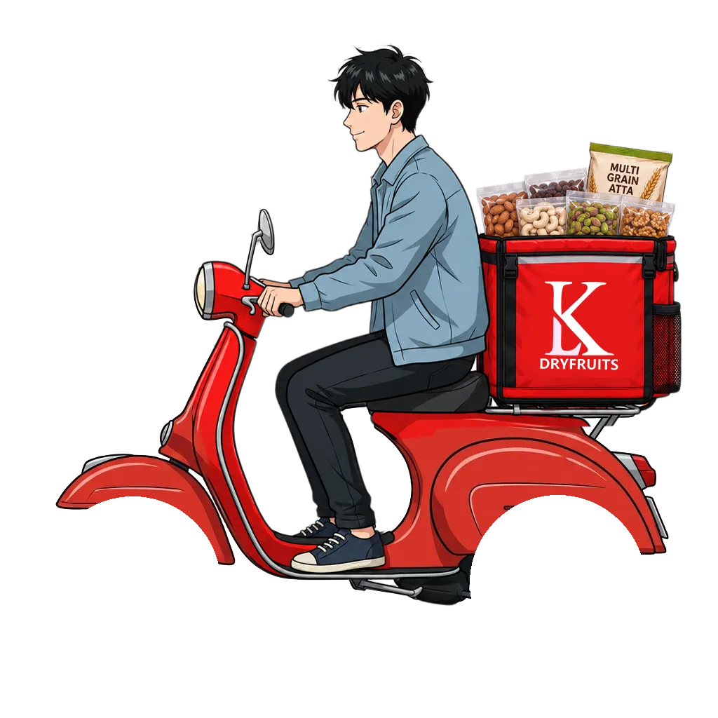 Delivery rider on a scooter carrying LK Dryfruits and groceries